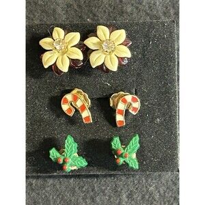 Vintage Avon Christmas Pierced Earrings 3 Pair Holly Candy Cane Poinsettia J308